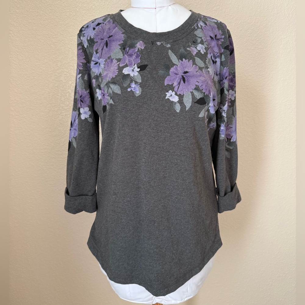 Karen Scott Gray and Purple Floral Long Sleeve Top